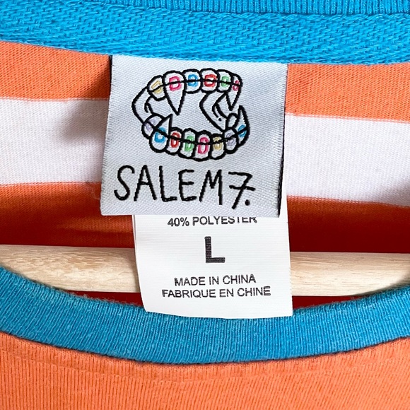 Salem7 White & Orange Striped Embroidered Colorful Fangs T Shirt Mens Size Large - Picture 4 of 5